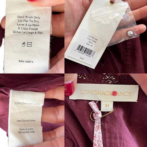 LOVESHACKFANCY Lena Dress Short Puff Sleeves Burgundy Floral Bow V-Neck Medium - Picture 4 of 10